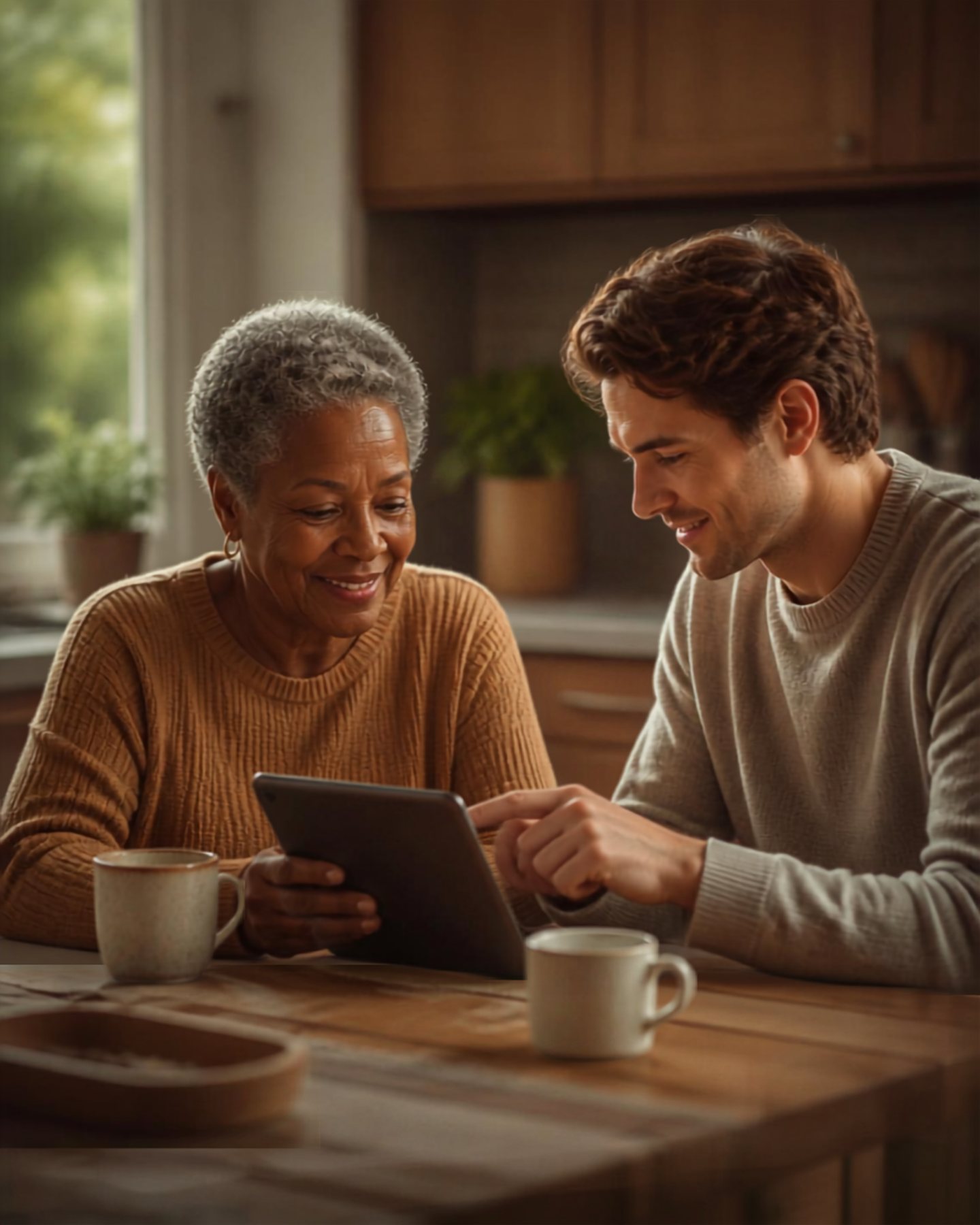 A guide and client at the kitchen table during a Digital Check-Up visit