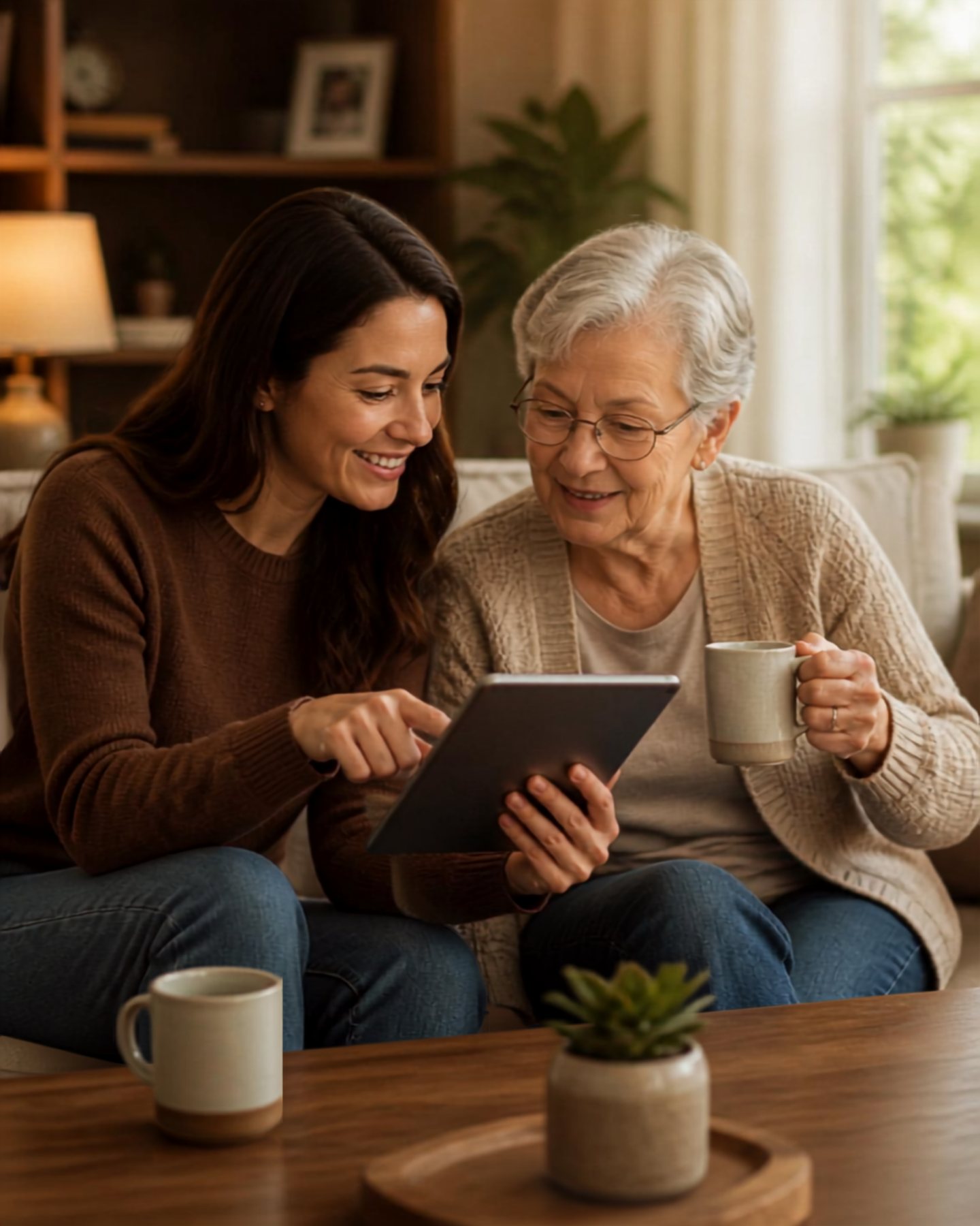 A guide and client on the couch, looking at a tablet together