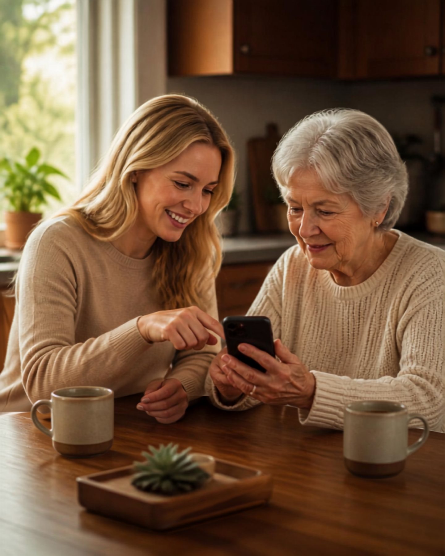A guide and client smiling together at the kitchen table, looking at a phone