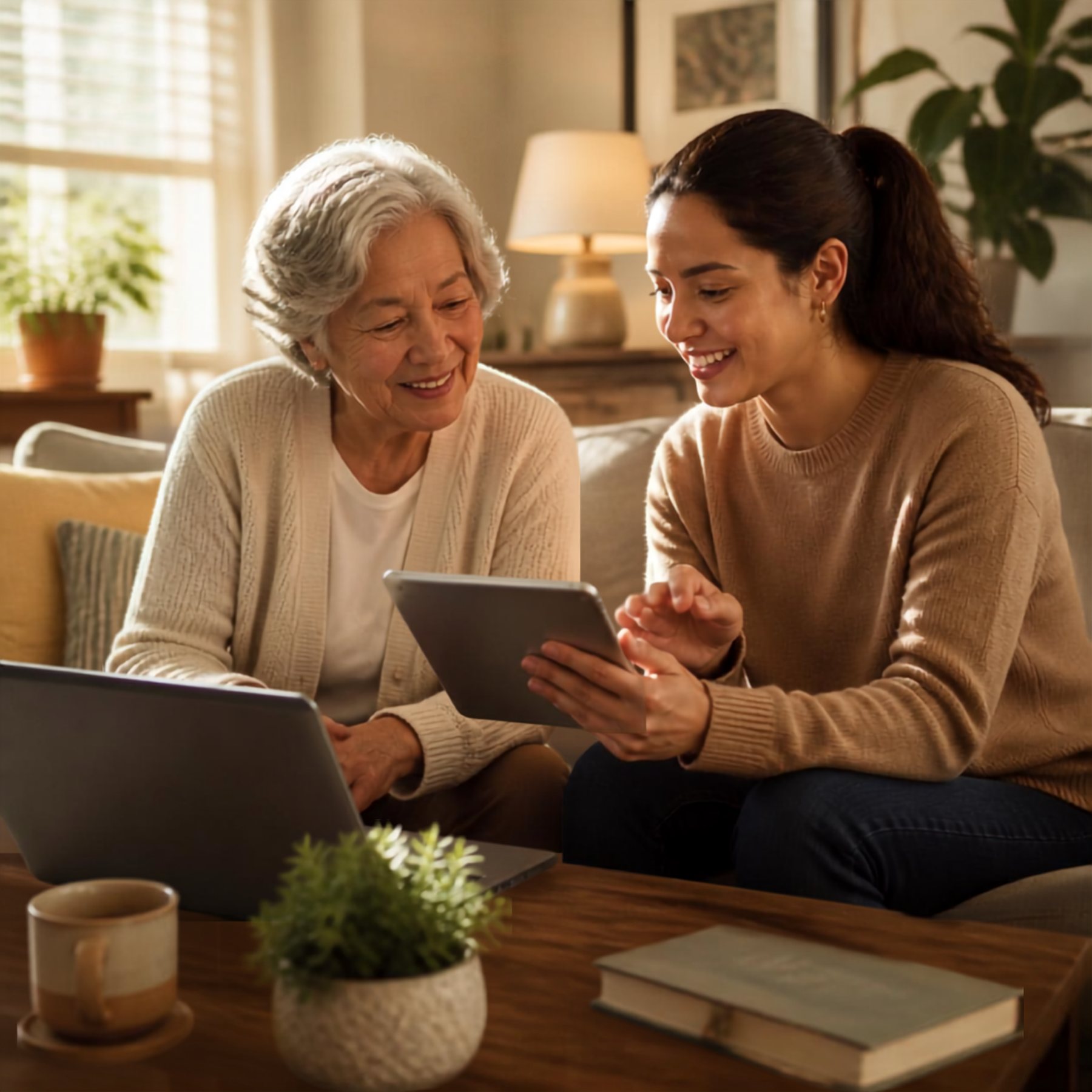 An adult daughter and her mother smiling together on the couch, looking at a tablet