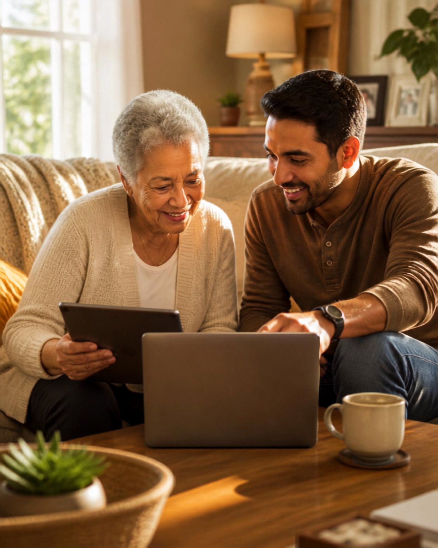 A GranPal guide and client smiling together on the couch, working through a laptop and tablet