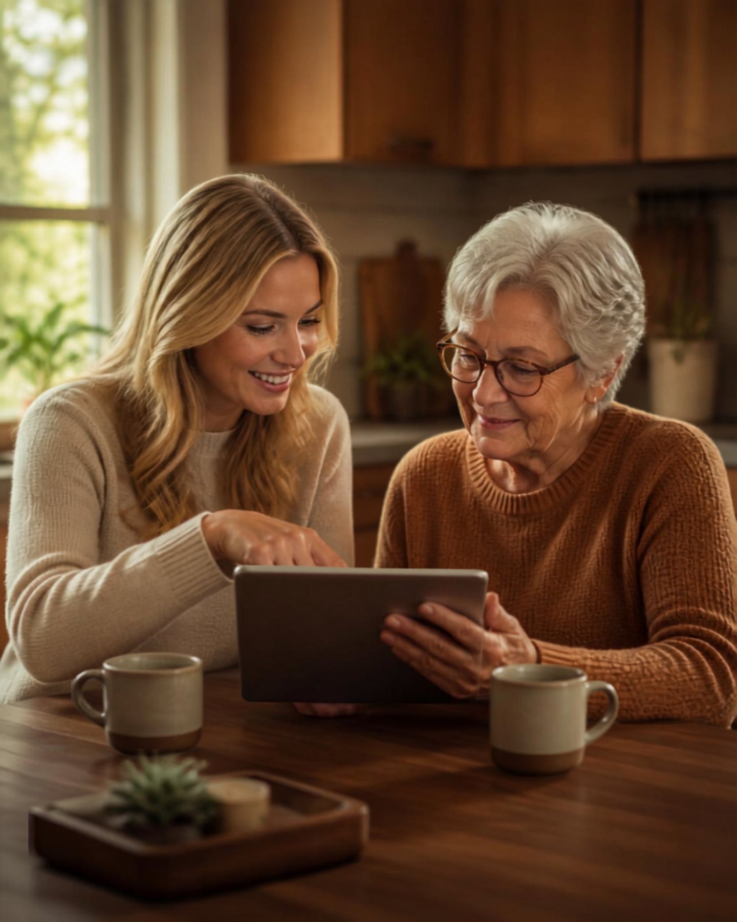 A GranPal guide and client smiling together at a kitchen table, looking at a tablet