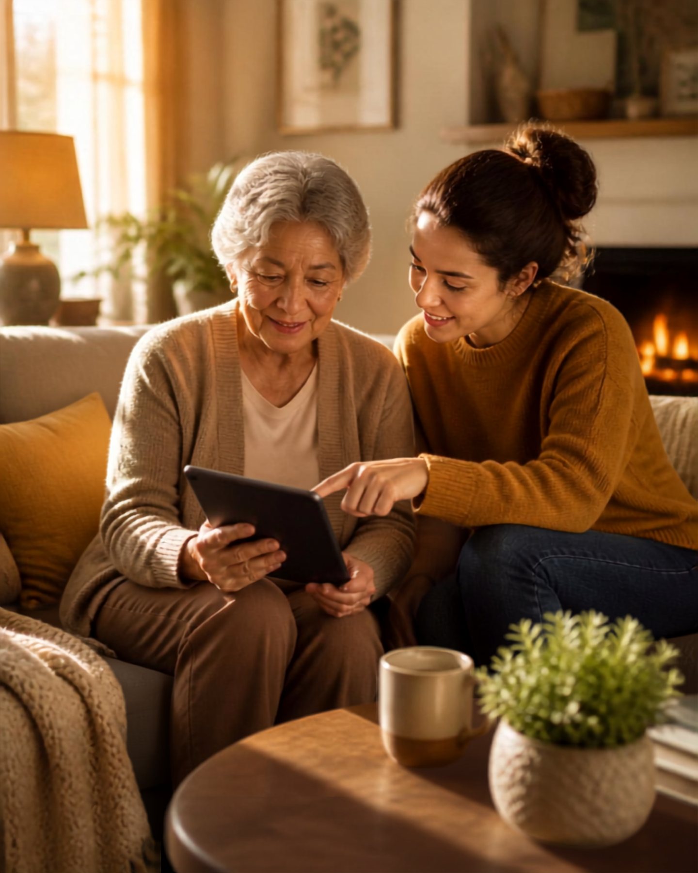 A GranPal guide and client smiling together by the fireplace, looking at a tablet